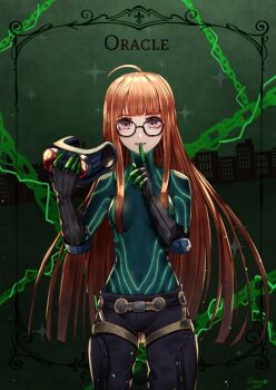 1girl ahoge black-framed_eyewear black_gloves black_pants blunt_bangs breasts brown_eyes brown_hair card_(medium) cowboy_shot elbow_gloves female_focus floating_hair glasses gloves grin hime_cut holding index_finger_raised long_hair looking_at_viewer oracle_(persona_5) pants persona persona_5 sakura_futaba signature small_breasts smile solo standing very_long_hair wani_(fadgrith)