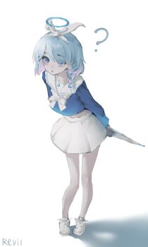 1girl ? absurdres arona_(blue_archive) artist_name bare_legs blue_archive blue_eyes blue_hair blue_shirt braid colored_inner_hair commentary cropped_shirt hairband halo highres long_sleeves looking_ahead midriff multicolored_hair pink_hair revil school_uniform serafuku shirt shoes single_braid skirt solo two-tone_hair white_hairband white_shoes white_skirt