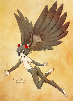 1girl blue_eyes brown_hair character_name commentary_request cryptid fewer_digits full_body fur head_wings long_toenails looking_at_viewer looking_back monster_girl mothman original sharp_toenails short_hair solo toenails topless_female unno_hotaru wings