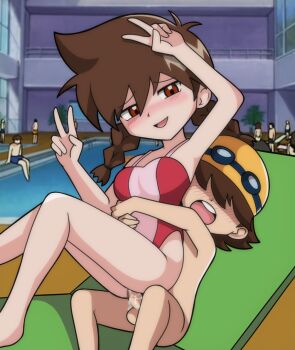 1boy 1girl age_difference ass bakuten_shoot_beyblade barefoot beyblade blush braid breasts brown_eyes brown_hair censored double_v exhibitionism faceless faceless_male feet_out_of_frame gachacash hair_over_eyes hands_up hetero highleg highleg_one-piece_swimsuit indoors kyouju_(beyblade) looking_at_viewer matching_hair/eyes medium_breasts medium_hair mosaic_censoring multiple_boys multiple_girls naughty_face one-piece_swimsuit open_mouth penis petite pink_one-piece_swimsuit poolside public_indecency pussy pussy_juice red_one-piece_swimsuit reverse_upright_straddle sex sex_from_behind shota size_difference small_penis smile straddling swimsuit tachibana_hiromi twin_braids two-tone_one-piece_swimsuit v vaginal