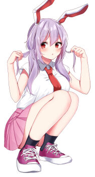 1girl :o absurdres alternate_hairstyle animal_ears black_socks blush breasts commentary_request full_body highres holding holding_own_hair large_breasts looking_at_viewer miniskirt necktie pink_skirt pleated_skirt purple_hair rabbit_ears red_eyes red_necktie redrawn reisen_udongein_inaba shinonome_asu shirt shoes short_sleeves sideways_glance simple_background skirt sneakers socks solo squatting touhou twintails twitter_username white_background white_shirt
