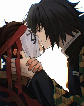 2boys alternate_costume angd0 black_hair black_jacket blue_eyes brown_hair buttons demon_slayer_uniform empty_eyes gold_buttons hair_between_eyes haori hashtag-only_commentary high_collar highres imminent_kiss jacket japanese_clothes kamado_tanjirou kikkoumon kimetsu_no_yaiba long_hair low_ponytail male_focus multiple_boys parted_lips ponytail print_haori profile short_hair simple_background spiked_hair teeth tomioka_giyuu white_background yaoi