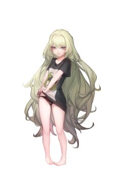 1girl absurdres black_panties black_shirt closed_mouth commentary_request full_body green_eyes green_hair green_nails highres honkai_(series) honkai_impact_3rd hulai_de_gou_sheng klein_(honkai_impact) long_hair looking_at_viewer mobius_(honkai_impact) nail_polish panties shirt simple_background slit_pupils smile solo toenail_polish toenails toes underwear very_long_hair wavy_hair white_background