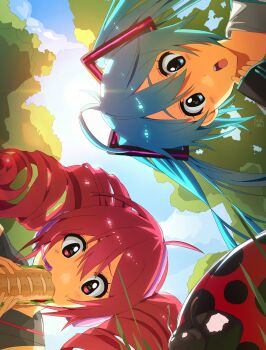 Rule 34 | aqua eyes, aqua hair, bread, bug, commentary, drill hair, eating, english commentary, food, hatsune miku, highres, insect, kasane teto, ladybug, looking down, red eyes, red hair, tree, twin drills, twintails, utau, vocaloid, watermark