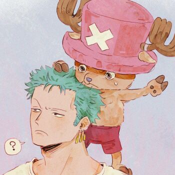 2boys ? commentary earrings english_commentary green_hair grey_background hat highres jewelry male_focus multiple_boys one_piece pink_hat reindeer roronoa_zoro short_hair simple_background speech_bubble spoken_question_mark tesstessgreen tony_tony_chopper