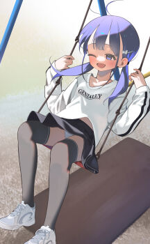1girl ;d absurdres black_skirt black_thighhighs english_text engrish_text hair_ornament hayakawa_sena_(pei_iriya) highres loli long_hair long_sleeves miniskirt on_swing one_eye_closed open_mouth original paid_reward_available panties pantyshot pei_iriya purple_eyes purple_hair ranguage shirt shoes sitting skirt smile sneakers solo swing thighhighs twintails underwear white_panties white_shirt white_shoes