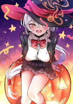 1girl black_robe black_skirt blue_archive blush bow breasts buttons collared_shirt eri_(blue_archive) hair_between_eyes halo hat highres i-nn jack-o&#039;-lantern large_breasts long_hair long_sleeves looking_at_viewer low-tied_long_hair open_mouth orange_eyes orange_halo pleated_skirt pumpkin red_bow robe shirt skirt smile solo tilted_halo very_long_hair white_hair white_shirt witch_hat
