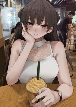 1girl blurry blurry_background breasts brown_eyes brown_hair closed_mouth cup disposable_cup hair_behind_ear head_tilt highres indoors konata_(kankin_jk) long_hair looking_at_viewer medium_breasts mishiranu_joshikousei_ni_kankin_sareta_mangaka_no_hanashi photo_background pov_across_table purple_nails ryouma_(galley) shirt sitting sleeveless sleeveless_shirt smile solo starbucks watch white_shirt wristwatch