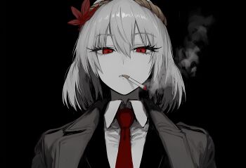 1girl absurdres alternate_costume black_background black_suit charisma_scaret cigarette coat collared_shirt formal_clothes hair_ornament highres leaf_hair_ornament limited_palette long_eyelashes looking_at_viewer medium_hair necktie open_clothes open_coat pale_color red_eyes red_necktie rope shimenawa shirt smoke smoking spot_color suit touhou yasaka_kanako