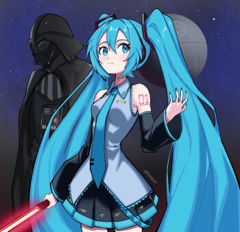1boy 1girl absurdres aqua_eyes aqua_hair aqua_nails aqua_necktie arm_up armor black_armor black_bodysuit black_cape black_skirt black_sleeves blue_eyes blue_hair bodysuit breasts cape closed_mouth collared_shirt commentary cowboy_shot crossover darth_vader death_star detached_sleeves double-parted_bangs energy_sword english_commentary frilled_shirt frills grey_shirt hatsune_miku helmet highres holding holding_sword holding_weapon ksayyn lightsaber looking_to_the_side miniskirt nail_polish necktie number_tattoo outdoors parted_lips pleated_skirt red_lightsaber science_fiction shirt sith skirt sky small_breasts standing star_(sky) star_wars starry_sky sword tattoo tie_clip twintails vocaloid weapon