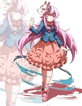 1girl aqua_shirt blush bow bowtie bubble_skirt closed_mouth commentary_request fox_mask full_body hata_no_kokoro highres long_hair long_sleeves mask mask_on_head nymphus pink_eyes pink_hair pink_shoes red_bow red_bowtie red_skirt shirt shoes skirt solo touhou white_background zoom_layer