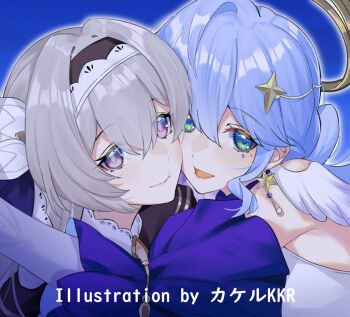 2girls blue_eyes blue_hair cheek-to-cheek collar commentary detached_sleeves earrings firefly_(honkai:_star_rail) green_eyes grey_hair hair_between_eyes hair_ornament head_wings headband heads_together honkai:_star_rail honkai_(series) hug jewel_under_eye jewelry long_hair multiple_girls robin_(honkai:_star_rail) srpzk wings