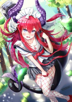 1girl absurdres alternate_costume black_sailor_collar black_skirt blue_eyes blush breasts curled_horns dragon_horns dragon_tail elizabeth_bathory_(avenger)_(fate) elizabeth_bathory_(fate) fate/grand_order fate_(series) fishnet_pantyhose fishnets hair_ribbon highres horns long_hair looking_at_viewer maid_headdress miniskirt open_mouth pantyhose red_hair ribbon sailor_collar school_uniform serafuku shirt short_sleeves skirt small_breasts solo tail tdysho thighhighs thighs two_side_up white_shirt white_thighhighs