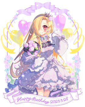 1girl absurdres blonde_hair blush bouquet commentary_request crown doll_joints dress flower hair_over_one_eye happy_birthday highres holding holding_bouquet idolmaster idolmaster_cinderella_girls idolmaster_cinderella_girls_starlight_stage joints long_hair looking_at_viewer pink_flower pink_rose red_eyes rose shine_asahi shirasaka_koume smile solo very_long_hair