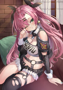 1girl black_ribbon black_shorts black_thighhighs blue_nails breasts cleavage clothing_cutout earrings green_eyes green_nails hair_ornament hair_ribbon hairpin hashtag-only_commentary heart heart_earrings highres jewelry long_hair multicolored_nails navel nicole_demara one_eye_closed open_fly pillow pink_hair pink_nails purple_nails ribbon shadow short_shorts shorts shoulder_cutout solo suidou_chaahan thighhighs torn_clothes torn_thighhighs yellow_nails zenless_zone_zero