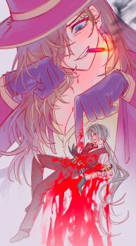 1boy 1girl black_gloves blood cigar collared_shirt full_body gloves hair_over_one_eye hashtag-only_commentary hat highres limbus_company long_hair lucio_(project_moon) necktie project_moon red_hat red_necktie rookie_88 shirt smirk valencina_(project_moon) white_hair white_shirt