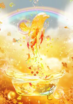 bathtub bubble commentary_request dolphin flower highres makoron117117 no_humans original rainbow surreal warm_colored