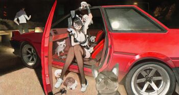 1boy 1girl absurdres animal_ear_hairband animal_ears baby_animal black_bow black_bowtie black_gloves black_hair black_pants black_thighhighs bow bowtie breasts car cleavage dated dog eyepatch fake_animal_ears glasses gloves hairband highres ko-ma large_breasts long_hair looking_at_viewer motor_vehicle multiple_dogs open_mouth original pants pointy_ears puppy rabbit_ear_hairband rabbit_ears red_car shirt shoes single_glove sitting thighhighs white_shirt white_shoes