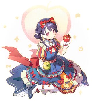 apple blue_dress commentary_request cosplay double_bun dress eating food fruit fruit_earrings fukumaru_koito gloves green_apple hair_bun hair_ribbon high_heels highres holding holding_food holding_fruit idolmaster idolmaster_shiny_colors long_dress long_hair neck_ribbon puffy_short_sleeves puffy_sleeves qinglai_haiji red_eyes ribbon short_sleeves sitting snow_white_(fairy_tale_character) snow_white_(fairy_tale_character)_(cosplay) socks white_socks