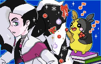 1boy aoshima_(pidove810) black_hair blue_background book choker christmas commentary_request gen_8_pokemon green_eyes holding jacket long_hair looking_to_the_side lowres male_focus morpeko morpeko_(full) multicolored_hair musical_note nintendo piers_(pokemon) pixel_art pokemon pokemon_(creature) pokemon_swsh revision simple_background sparkle two-tone_hair white_jacket