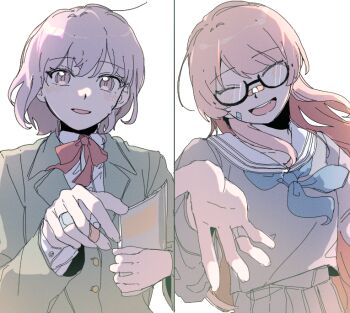2girls bandaid bandaid_on_face bandaid_on_hand bang_dream! bang_dream!_it&#039;s_mygo!!!!! blazer blue_neckerchief blush chihaya_anon closed_eyes commentary_request glasses green_jacket grey_hair grey_serafuku grey_shirt grey_skirt haneoka_school_uniform holding holding_notebook jacket long_hair multiple_girls neckerchief notebook open_mouth pink_eyes pink_hair sailor_collar school_uniform serafuku shirt short_hair skirt smile suudori takamatsu_tomori white_sailor_collar
