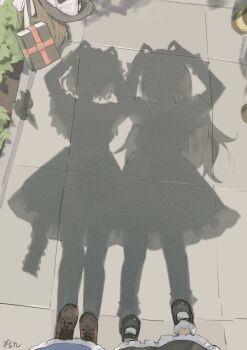 Rule 34 | 2girls, alice margatroid, arms up, black shoes, black skirt, blue dress, book, boots, broom, brown boots, day, dress, frilled skirt, frills, hat, highres, kirisame marisa, long hair, mary janes, multiple girls, outdoors, puffy short sleeves, puffy sleeves, shadow, shadow puppet, shanghai doll, shijiu (shizuoxing), shoes, short hair, short sleeves, skirt, socks, touhou, unworn hat, unworn headwear, white socks, witch hat