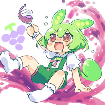 1girl :3 @_@ alcohol ayakashi_(monkeypanch) blush commentary_request cup drinking_glass drunk food fruit full_body grapes green_hair green_shorts highres long_hair low_ponytail open_mouth pea_pod ponytail shirt short_sleeves shorts smile socks solo suspenders voiceroid voicevox white_background white_shirt white_socks wine wine_glass yellow_eyes zundamon