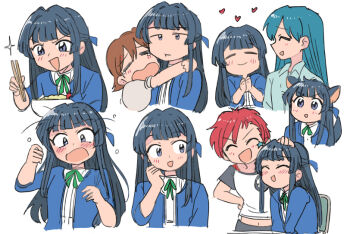 Rule 34 | 4girls, :d, ^ ^, animal ears, black hair, blue hair, blue shirt, blush, brown hair, chopsticks, closed eyes, commentary request, fox ears, fox tail, headpat, heart, holding, holding chopsticks, hug, hug from side, idolmaster, idolmaster (classic), idolmaster million live!, julia (idolmaster), kasuga mirai, kisaragi chihaya, long hair, mogami shizuka, multiple girls, open mouth, red hair, shirt, short hair, simple background, smile, sparkle, tail, tsubobot, v-shaped eyebrows, white background, white shirt