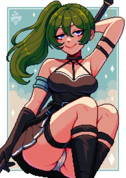 Rule 34 | 1girl, absurdres, arm up, artist name, aseprite (medium), breasts, closed mouth, green hair, highres, long hair, looking at viewer, medium breasts, panties, pantyshot, pixel art, pleated skirt, purple eyes, side ponytail, skirt, smile, solo, sousou no frieren, ubel (sousou no frieren), underwear, upskirt, white panties, yumykon