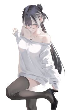1girl bare_shoulders black_hair black_shoes black_thighhighs collarbone commentary grey_hair high_heels highres hololive hololive_dev_is jewelry juufuutei_raden long_hair long_sleeves looking_down multicolored_hair necklace shoes simple_background solo standing standing_on_one_leg symbol-only_commentary tanishi_(hetianming11093) thighhighs two-tone_hair virtual_youtuber white_background