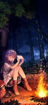 1girl absurdres anemoi bike_shorts black_shorts black_socks blue_hair boots braid brown_boots campfire closed_mouth dress fire forest frown full_body grass hair_between_eyes hair_intakes hair_over_shoulder hands_up hat highres holding holding_letter key_visual knees_together_feet_apart knees_up lace-up_boots legs letter light_particles long_hair looking_at_object low_twin_braids nagayama_yuunon nature night notice_lines official_art official_wallpaper on_grass orange_eyes outdoors promotional_art red_hat scenery shirato_koyomi short_dress short_sleeves shorts sitting socks solo thighs tree twin_braids underlighting unworn_hat unworn_headwear white_dress