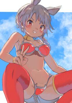 1girl absurdres animal_ears armor armpits backlighting bikini_armor bindi blue_sky blush bracelet braid breasts dark-skinned_female dark_skin earrings extra_ears eyebrows_hidden_by_hair feet_out_of_frame fingernails gluteal_fold grey_hair grin highres indian_rhinoceros_(kemono_friends) jewelry kemono_friends kemono_friends_3 letterboxed long_hair looking_at_viewer medium_breasts navel neck_ring osnmykk red_armor red_eyes red_thighhighs rhinoceros_ears rhinoceros_girl rhinoceros_tail single_braid sky smile solo spread_legs squatting stomach strap_gap tail thighhighs underboob v v-shaped_eyebrows
