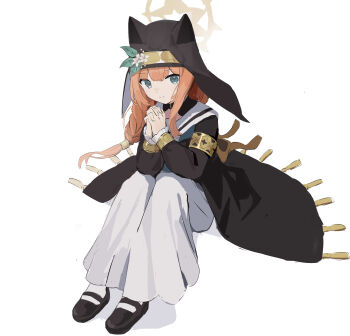 Rule 34 | 1girl, absurdres, animal ear headwear, animal ears, armband, black shoes, blue archive, blue eyes, braid, fake animal ears, flower, frills, full body, habit, hair tubes, haruteru, hat, hat flower, highres, interlocked fingers, long hair, long sleeves, looking at viewer, mari (blue archive), mary janes, nun, on floor, orange hair, own hands together, sailor collar, shadow, shoes, simple background, single braid, sitting, sketch, smile, solo, tassel, white legwear, white sailor collar