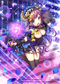 1girl black_boots black_dress blue_eyes blue_petals boots bow bowtie breasts brown_horns cleavage concert copyright_notice demon_girl demon_horns demon_tail dress green_bow green_bowtie hair_ornament headless holding holding_microphone horns large_breasts long_hair masaru.jp microphone official_art on_stairs open_mouth pink_petals pointy_ears purple_hair purple_petals solo sparkle spotlight standing standing_on_one_leg striped_clothes striped_thighhighs tail thighhighs ugly_(z/x) very_long_hair z/x