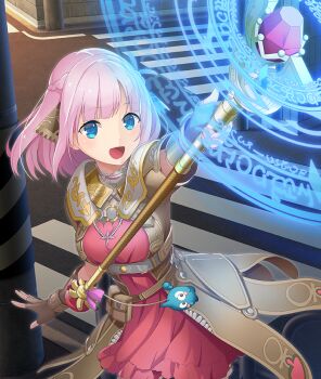 1girl :d arm_up belt blue_eyes bow breasts brown_bow brown_coat brown_gloves casting_spell character_charm character_request charm_(object) coat cowboy_shot crosswalk dress fingerless_gloves game_cg gem gloves grey_belt hair_bow holding holding_staff long_sleeves magic_circle medium_breasts medium_hair miki_sauvester night official_art open_mouth outdoors pink_dress pink_hair pouch purple_gem road smile solo staff star_ocean star_ocean:_anamnesis star_ocean:_integrity_and_faithlessness street third-party_source toji_no_miko toji_no_miko:_kizamishi_issen_no_tomoshibi underbust urban