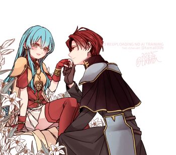 Rule 34 | 1boy, 1girl, 2025, aqua eyes, aqua hair, arm support, armor, black capelet, black shirt, boots, breastplate, breasts, cape, capelet, closed mouth, commentary request, couple, eirika (fire emblem), fingerless gloves, fire emblem, fire emblem: the sacred stones, gloves, grey armor, happy, hetero, high collar, highres, holding hands, imminent kiss, kneeling, long hair, long sleeves, looking at another, miniskirt, nintendo, open mouth, parted bangs, pauldrons, red boots, red eyes, red gloves, red hair, red shirt, sayu030b, seth (fire emblem), shirt, short hair, short sleeves, shoulder armor, sidelocks, simple background, sitting, skirt, small breasts, thigh boots, thighhighs, twitter username, watermark, white background, white lily, white skirt, yellow armor, yellow cape, zettai ryouiki