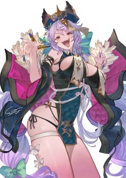 1girl absurdres ayacho braid breasts cleavage_cutout clothing_cutout detached_sleeves fangs fingernails granblue_fantasy groping_motion hat highres jiangshi large_breasts long_hair open_mouth pink_hair purple_hair ribbon sharp_fingernails signature sleeves_past_wrists smile tongue tongue_out white_background