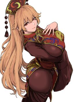 1girl arm_under_breasts black_dress blonde_hair breasts chinese_clothes commentary_request dalachi_(headdress) dress from_above from_side ghostship55 hand_on_own_chest hat_tassel highres junko_(touhou) large_breasts long_hair long_sleeves looking_at_viewer looking_back looking_to_the_side red_eyes red_tabard solo tabard tight_clothes touhou twisted_torso very_long_hair white_background wide_sleeves