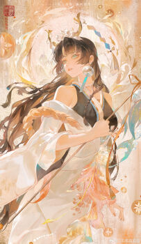 1girl absurdres aqua_eyes bare_shoulders breasts brown_hair eryou headdress highres holding long_hair looking_to_the_side off_shoulder original seal_impression solo watermark weibo_username weibo_watermark