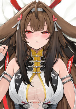 1girl animal_ear_fluff animal_ears bare_shoulders bed_sheet blush breasts brown_hair commentary_request dress half-closed_eyes hand_up highres large_breasts long_hair looking_at_viewer lying natsume_eri on_back parted_lips red_eyes see-through_clothes see-through_dress sleeveless sleeveless_dress solo upper_body white_dress ye_shunguang zenless_zone_zero