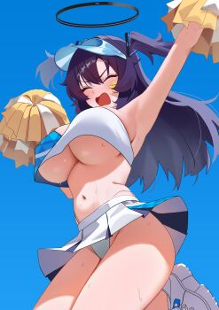 1girl absurdres alternate_costume arm_up armpits black_halo blue_archive blue_hair blush breasts cheering cheerleader closed_eyes commentary crop_top from_below hair_ornament halo highres holding holding_pom_poms jumping large_breasts long_hair mcbox millennium_cheerleader_outfit_(blue_archive) miniskirt navel open_mouth panties pom_pom_(cheerleading) pom_poms skirt solo star_(symbol) star_sticker sticker sticker_on_face stomach sweat thighs triangle_hair_ornament two_side_up underboob underwear v-shaped_eyebrows white_panties white_skirt yuuka_(blue_archive)