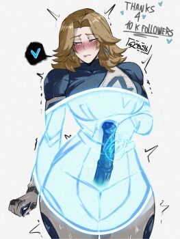 absurdres biting_own_lip blonde_hair blue_bodysuit blue_eyes blush bodysuit breasts dildo dildo_reveal earrings fluffy_hair gy_beth hand_on_own_stomach heart highres hoop_earrings horse_dildo jewelry large_breasts marvel marvel_rivals medium_hair multicolored_bodysuit object_insertion parted_bangs partially_invisible perverted_utility sex_toy shaking signature sue_storm superhero_costume thick_thighs thighs two-tone_bodysuit white_background white_bodysuit