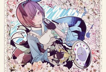 1girl analog_clock apron black_gloves blue_kimono blush breasts brown_eyes brown_hair clock commentary_request cowboy_shot final_fantasy final_fantasy_vii final_fantasy_vii:_ever_crisis floral_background flower frilled_apron frills gloves grin holding japanese_clothes kimono long_sleeves looking_at_viewer medium_breasts mirrorclew official_alternate_costume pink_flower rabbit_tail short_hair smile solo tail white_apron wide_sleeves yuffie_kisaragi yuffie_kisaragi_(bunny_apron)