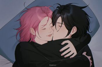 1boy 1girl artist_name black_hair black_pajamas bob_cut boruto:_naruto_next_generations closed_eyes closed_mouth commentary couple english_commentary facial_mark forehead_mark hair_behind_ear hand_on_another's_back haruno_sakura head_on_pillow hetero highres hug husband_and_wife kiss kissing_cheek light_smile long_sleeves lying naruto_(series) on_bed pajamas pillow pink_hair tenartistt uchiha_sasuke upper_body