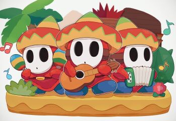 3boys accordion blue_boots boots guitar hat highres holding holding_guitar holding_instrument holding_maracas instrument male_focus maracas mario_(series) mofupoyo multiple_boys musical_note nintendo palm_tree red_robe robe shy_guy sombrero sombrero_guy tree white_mask