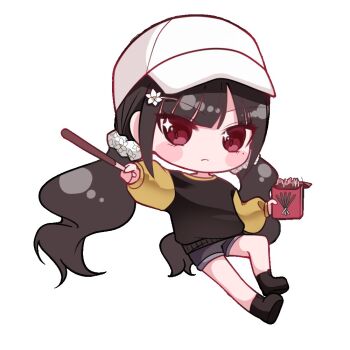 Rule 34 | 1girl, alternate costume, black hair, blush stickers, chibi, danganronpa (series), danganronpa v3: killing harmony, food, frown, gakkiyui1, hair ornament, hairclip, harukawa maki, hat, holding, holding food, long hair, long sleeves, mole, mole under eye, pocky, red eyes, shorts, simple background, solo, sweater, twintails, white background, white hat