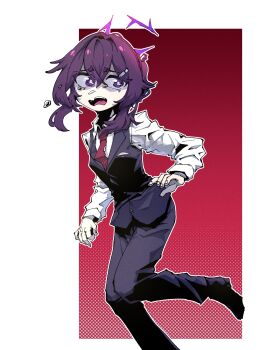 Rule 34 | 1girl, black pants, black vest, blue archive, collared shirt, crossed bangs, crying, crying with eyes open, geonbanmaen, hair ornament, hairclip, halo, haruka (blue archive), haruka (suit) (blue archive), highres, long sleeves, looking to the side, medium hair, necktie, open mouth, pants, purple eyes, purple hair, red necktie, running, shirt, shoes, solo, tearing up, tears, vest, wavy eyes, wavy mouth, white shirt