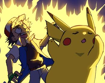 Rule 34 | 1boy, ash ketchum, baseball cap, black hair, black shirt, blue jacket, closed eyes, commentary request, cowboy shot, denim, electricity, electrocution, gen 1 pokemon, hat, highres, ivo no ito, jacket, jeans, jujutsu kaisen, meme, naoya hitting choso without looking (meme), nintendo, open clothes, open jacket, open mouth, pants, parody, pikachu, pokemon, pokemon (anime), pokemon (classic anime), pokemon (creature), popped collar, shirt, short hair, short sleeves, spiked hair