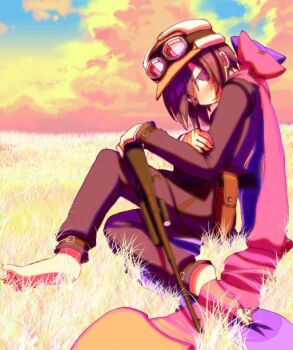 00s 1girl androgynous barefoot belt black_eyes black_hair bow brimmed_hat cloud female_focus field goggles grass gun hat kino_(kino_no_tabi) kino_no_tabi looking_at_viewer ribbon short_hair shouyu_senbei sky sniper solo tagme weapon