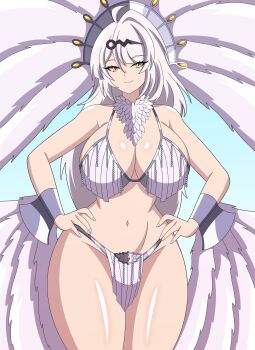 1girl absurdres abysswatchers ahoge alternate_costume bikini breasts carnaval_do_brasil commentary feathers hair_ornament hands_on_own_hips highres large_breasts long_hair looking_at_viewer simple_background smile swimsuit white_bikini white_hair yellow_eyes yixuan_(zenless_zone_zero) zenless_zone_zero